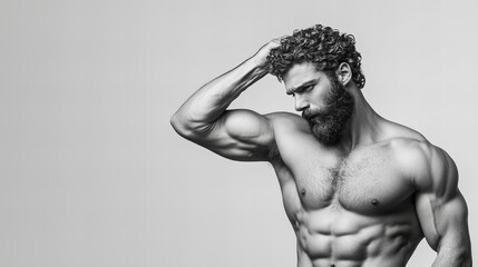 Fototapeta premium Strong, muscular man with a beard, posing against a gray background. Black and white photography.