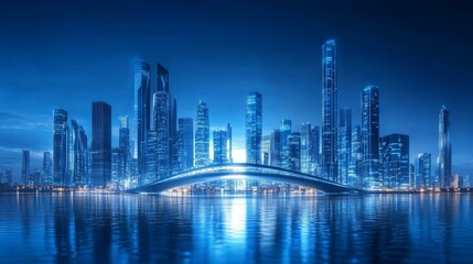 Futuristic City Skyline at Night with Illuminated Buildings