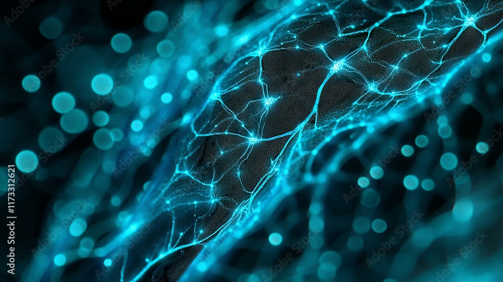 Poster Abstract glowing blue neural network structure.