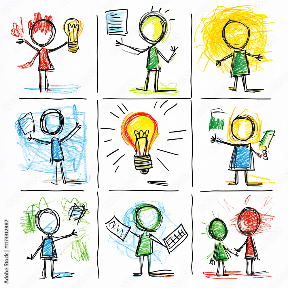 Poster hand-drawn colorful stick figures with light bulbs representing creativity and teamwork
