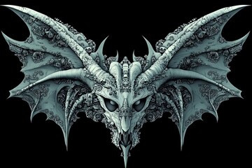 Intricate, detailed, grey, dragon-like creature with large wings and ornate skull-like head against black background.