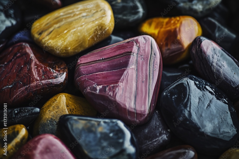 Poster close-up of colorful, polished stones with varied textures and patterns.