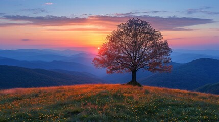 A lone tree stands on a grassy hillside, surrounded by mountains at sunset. AI generative. .