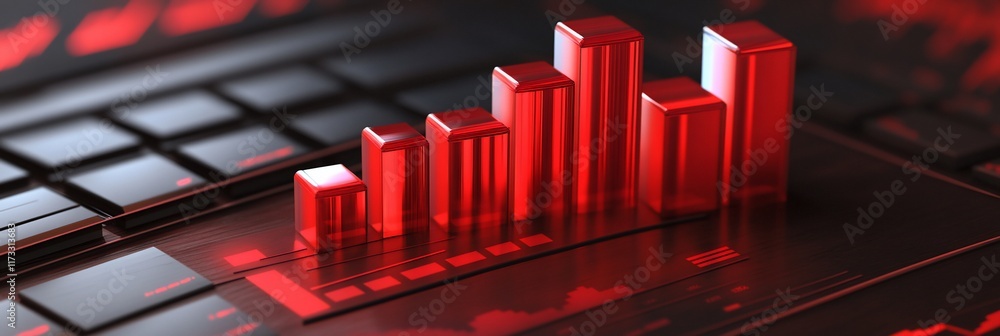 Poster Red 3D bar graph rising on dark keyboard.