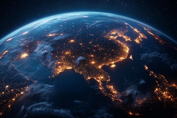 Fototapeta premium A night view of Korea from space, with city lights glowing in urban areas and dark spaces highlighting rural regions