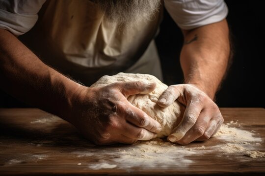 Closeup of baker kneading dough on wooden table. Traditional baking process. Culinary and cooking concept. Homemade pastry, bread, bakery. 