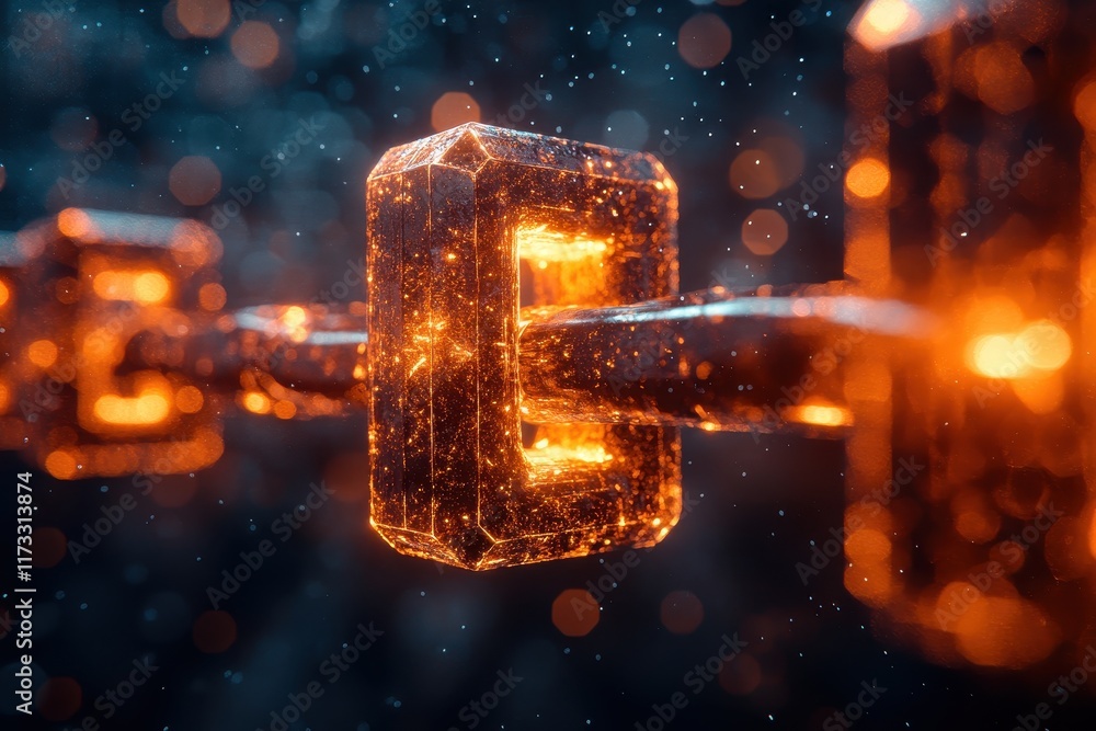 Poster digital representation of glowing blockchain links illustrating secure transactions in a futuristic 