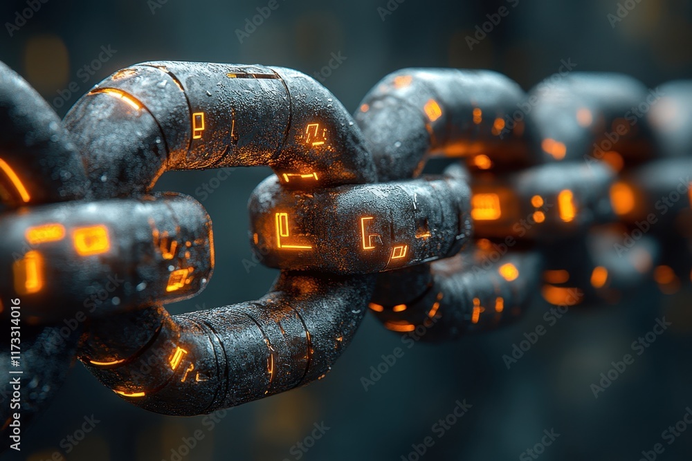 Poster digital chain link with glowing patterns in a futuristic setting showcasing modern technology