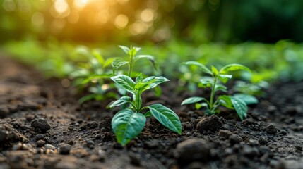Closeup of green sprouts emerging from dark, rich soil with a bokeh background. AI generative. .