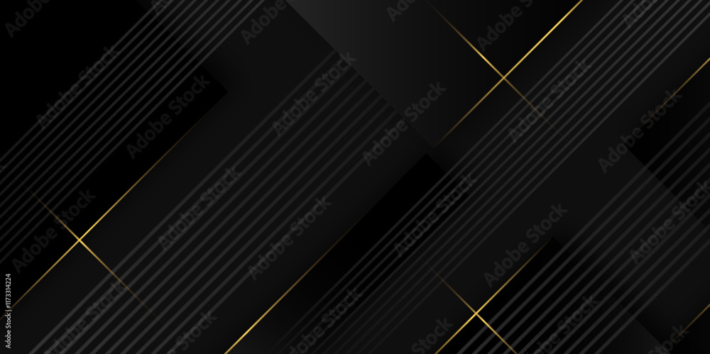 Poster Minimal black grey abstract modern background design with golden stoke. Black abstract 3D presentation background with scripted star shining shapes. Vector abstract background for business corporate.	