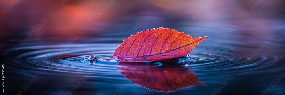 Aufkleber red leaf floats on calm water, creating ripples.