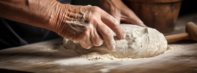 Closeup of baker kneading dough on wooden table. Traditional baking process. Culinary and cooking concept. Homemade pastry, bread, bakery. 