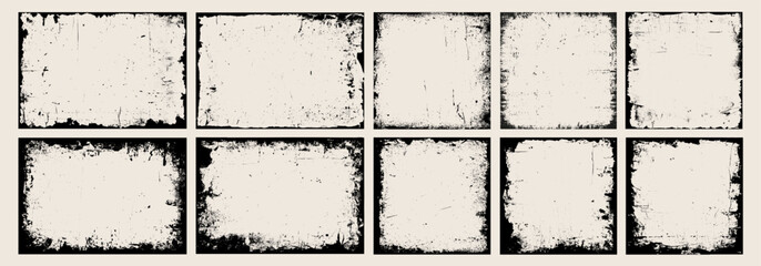 Retro grunge frame silhouette, distressed overlay texture, photo collage, dirty ink paint brush stroke pattern, torn paper background, banner and watercolor border set for social media business. Cover