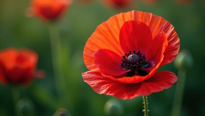 Close-up of single poppy, dew drops on petals, dew, nature