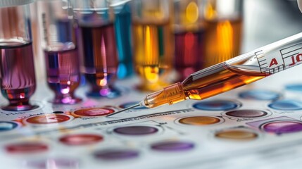 A syringe filled with amber liquid rests on a tray of colorful vials and test tubes. AI generative. .