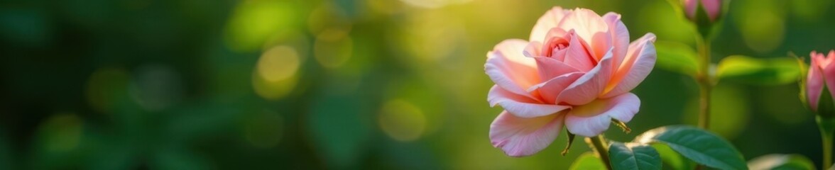 Delicate pink rose encircled by verdant leaves, soft light , fresh, aesthetic