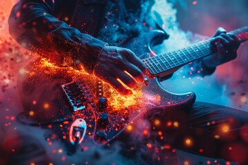 Hand playing electric guitar with red sparks and smoke, AI generative. .