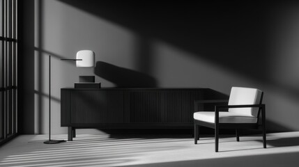 Modern minimalist room interior with armchair, cabinet, and floor lamp in monochrome.