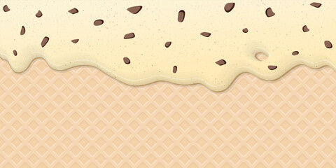 Melted chocolate chip ice cream drop on ice cream cone texture background graphic illustration have blank space.