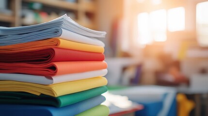 Aesthetic Arrangement of Colorful Folded Papers on a Wooden Table in a Well Lit Creative Space Highlighting Textures and Artistic Potential of Upcycled Materials