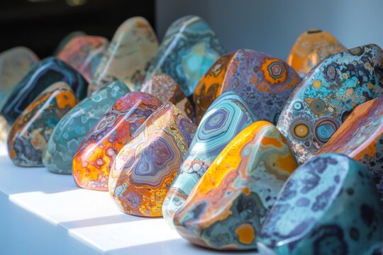 vibrant collection of unique jasper stones with captivating colors and intricate, organic designs, displayed on a rustic wooden table