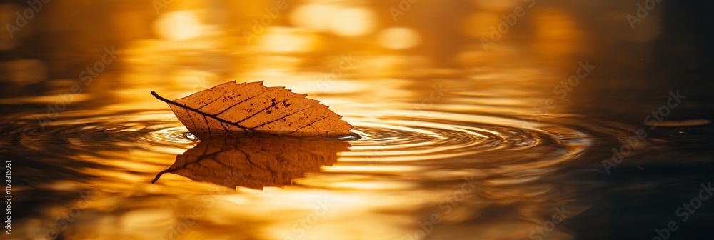 Poster single autumn leaf floats on calm water, creating ripples; golden light.