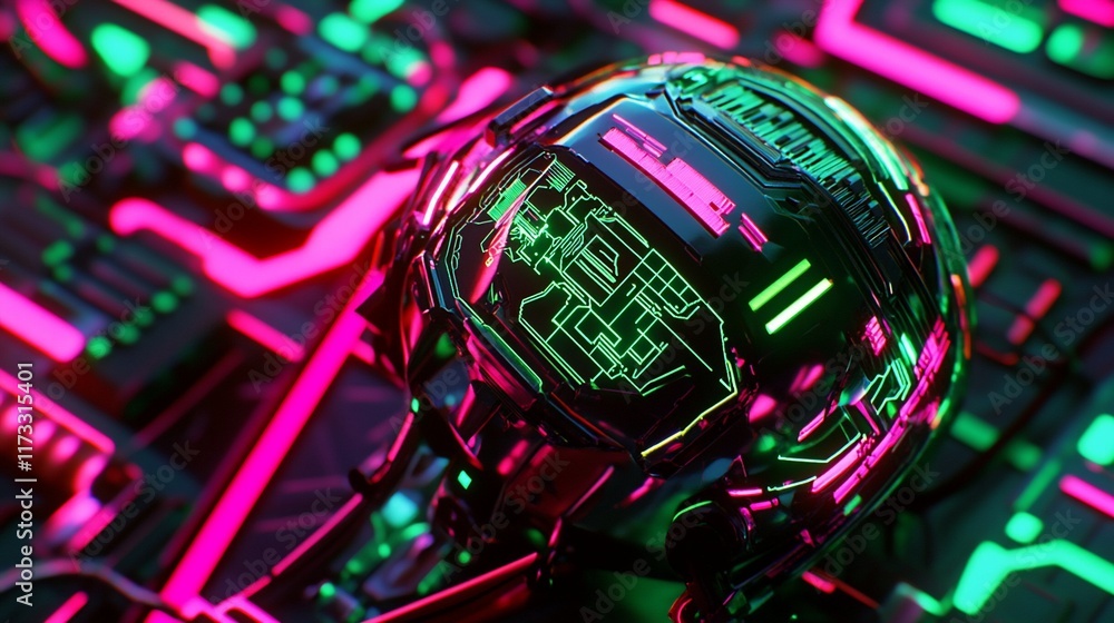 Poster futuristic chrome sphere with neon circuitry embedded, vibrant pink and green lighting.