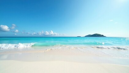 Fototapeta premium Soft white sand, gentle waves, clear blue sky, distant island silhouette, design, summer