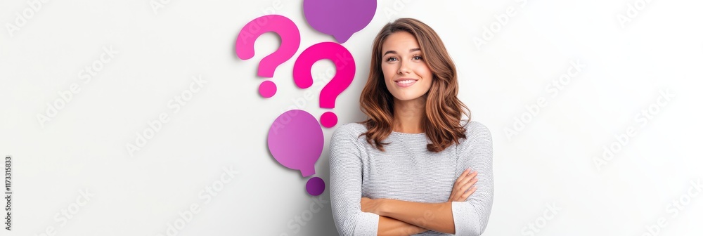 Poster young woman is smiling with arms crossed while question marks and speech bubbles float above her hea
