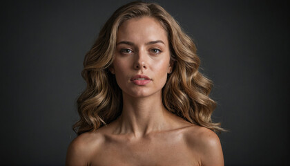 Fototapeta premium Woman with wavy hair poses in a minimalist studio setting against a dark background