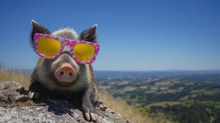 Fototapeta premium Cool pig wearing sunglasses on a hilltop overlooking a scenic landscape.