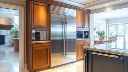Modern kitchen featuring a sleek stainless steel refrigerator and wooden cabinetry.