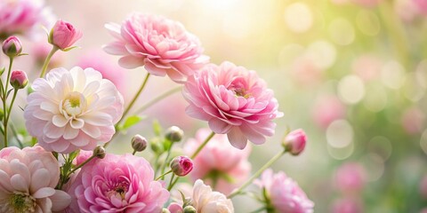 Fototapeta premium Delicate pink petals unfolding from a cluster of flowers against a soft white background, garden scene, floral arrangement
