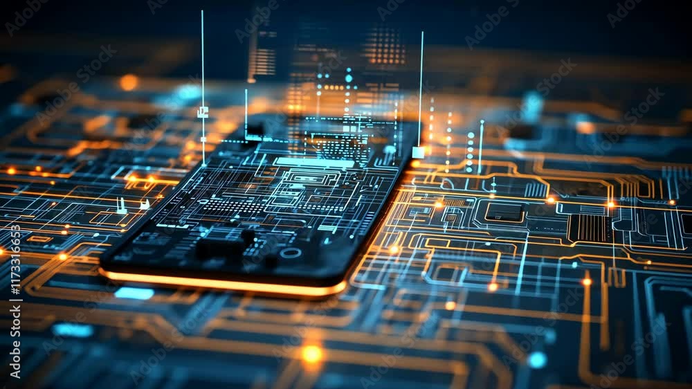 Poster futuristic smartphone design integrated with digital circuit patterns and glowing lines