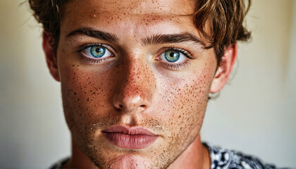 Fototapeta premium Young man with striking blue eyes and freckles poses for a close-up against a neutral background