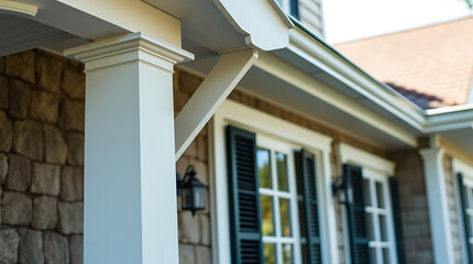 Fototapeta premium Close-up view of a house's exterior, showcasing a white column, stone facade, white trim, dark green shutters, and white gutters. The image emphasizes architectural details.