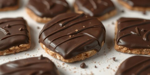 Obraz premium Dark chocolate-covered wafer, elegantly arranged, studio shot, food styling