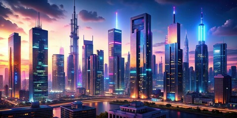 Futuristic cityscape at dusk with neon lights and towering skyscrapers
