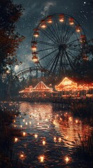 A celestial carnival floating in the void of space. Glowing Ferris wheels, radiant roller coasters, and stalls with floating lights create a dreamlike environment with a backdrop of swirling 