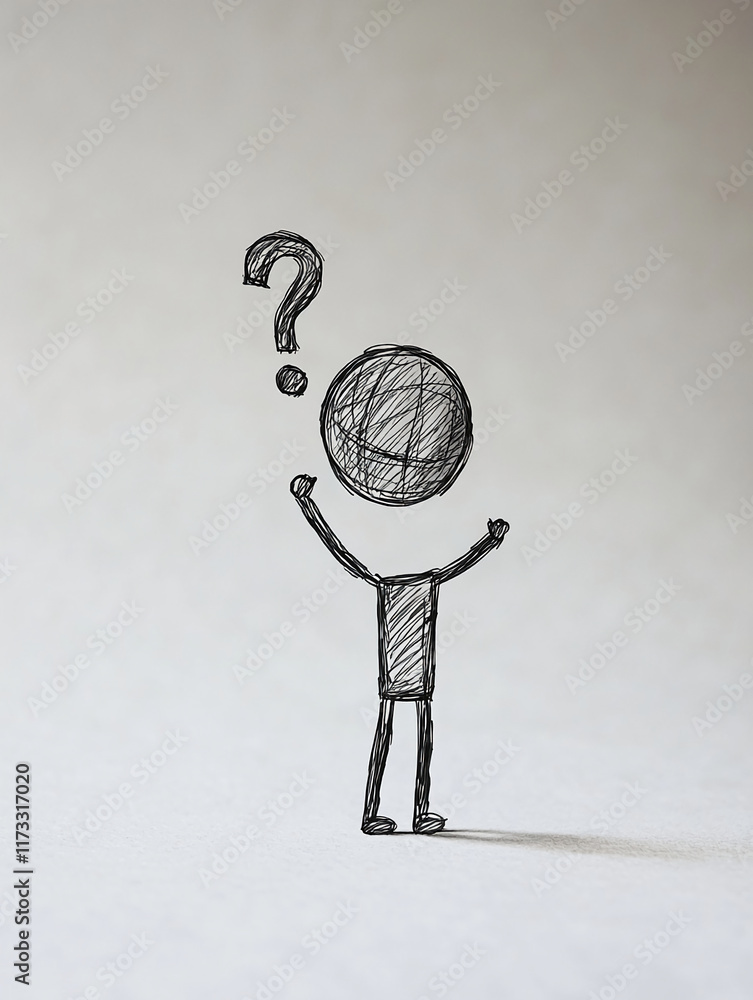 Poster stick figure with a question mark above the head on minimalist background