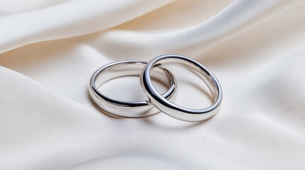 Elegant Display of Two Intertwined Wedding Rings on Soft White Satin Fabric Symbolizing Love Commitment and Unity in a Romantic Setting