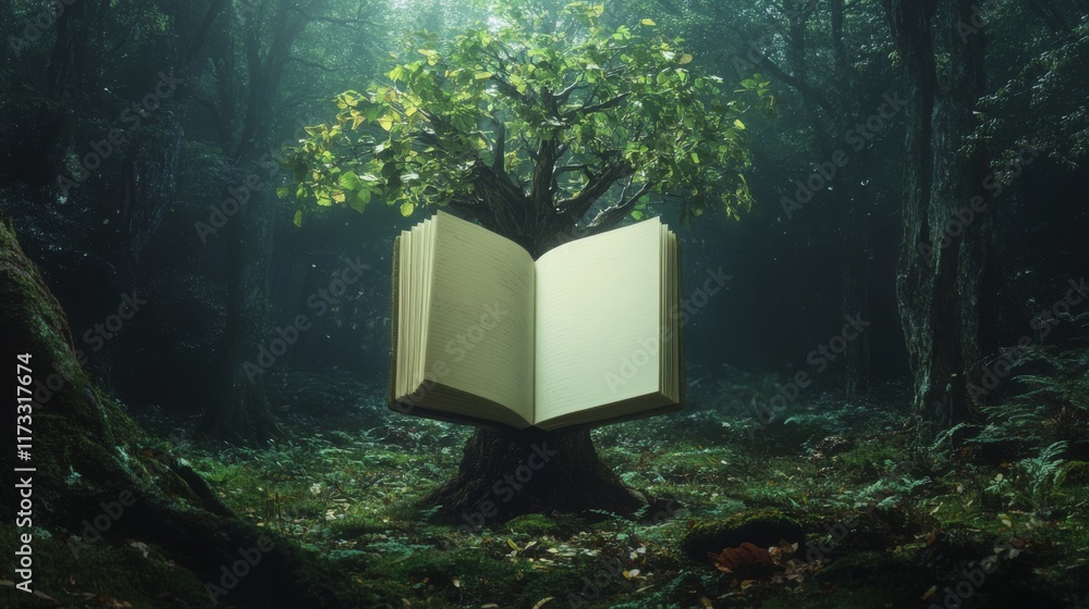 Poster a tree with an open book on top of it. the book is open to the middle of the page. the image has a m