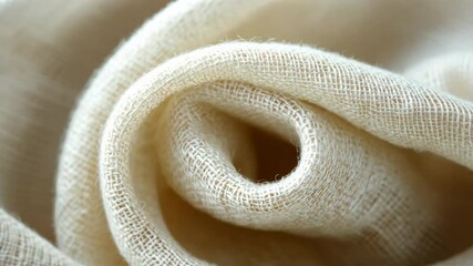 Soft cream-colored fabric elegantly rolled, showcasing intricate texture and lightweight quality for various uses