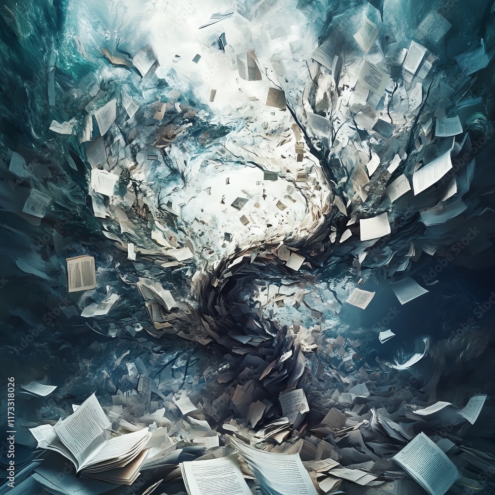 Poster a mesmerizing scene of books swirling in a vortex, creating a surreal and magical library atmosphere