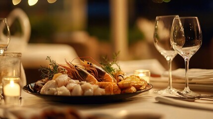 Table setting of seafood meal.