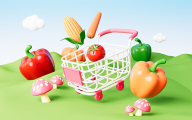 Cartoon shopping trolley with various vegetable, 3d rendering.