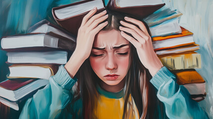Illustration of a stressed young woman surrounded by stacks of books, holding her head in frustration, symbolizing academic pressure, exam stress, and information overload.