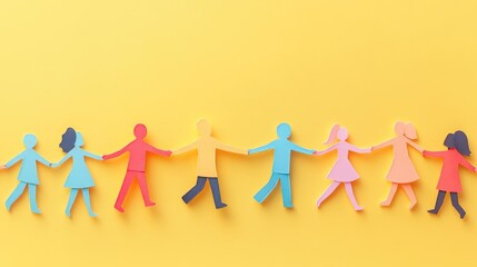 Teamwork and helping concept with paper chain cutout people holding hands on pastel yellow background. Generative AI