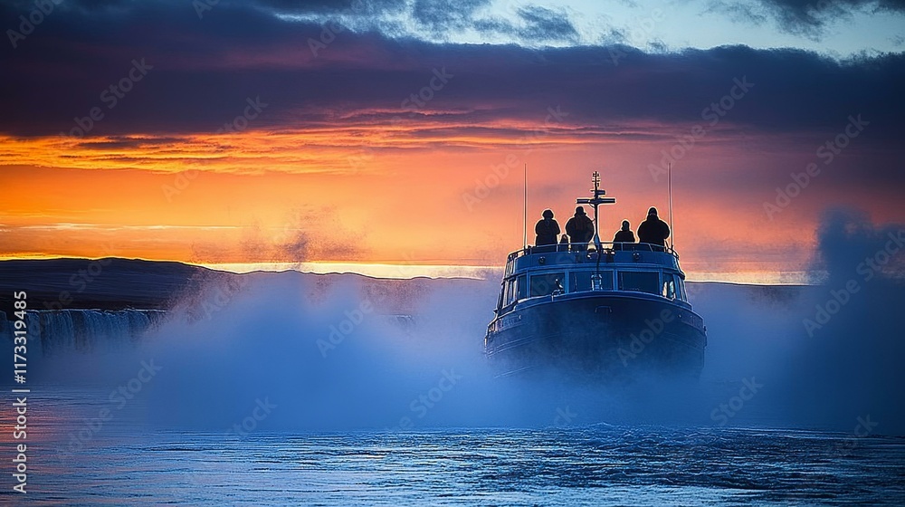 Poster Sunrise over a boat crossing a frozen waterfall