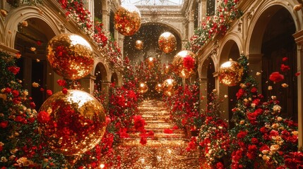 Fototapeta premium A celestial garden floating in the sky, filled with glowing flowers and cascading streams of golden water. Floating orbs of light drift lazily through the air, adding to the dreamlike quality 